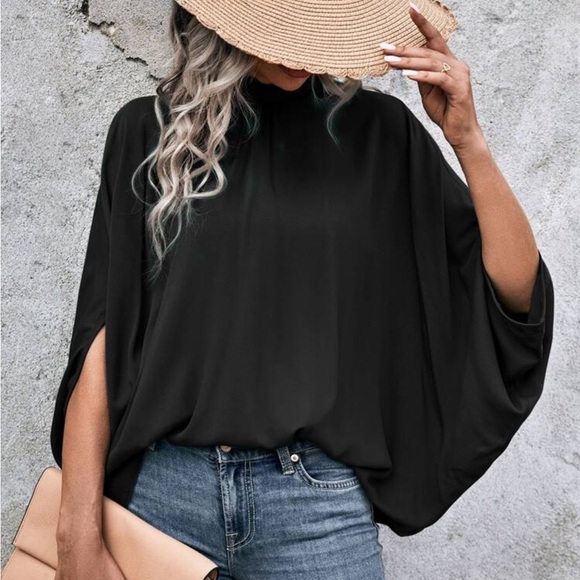 Boho Batwing Sleeve Mock Neck Tie Back Top Blouse Shirt - Picture 1 of 6